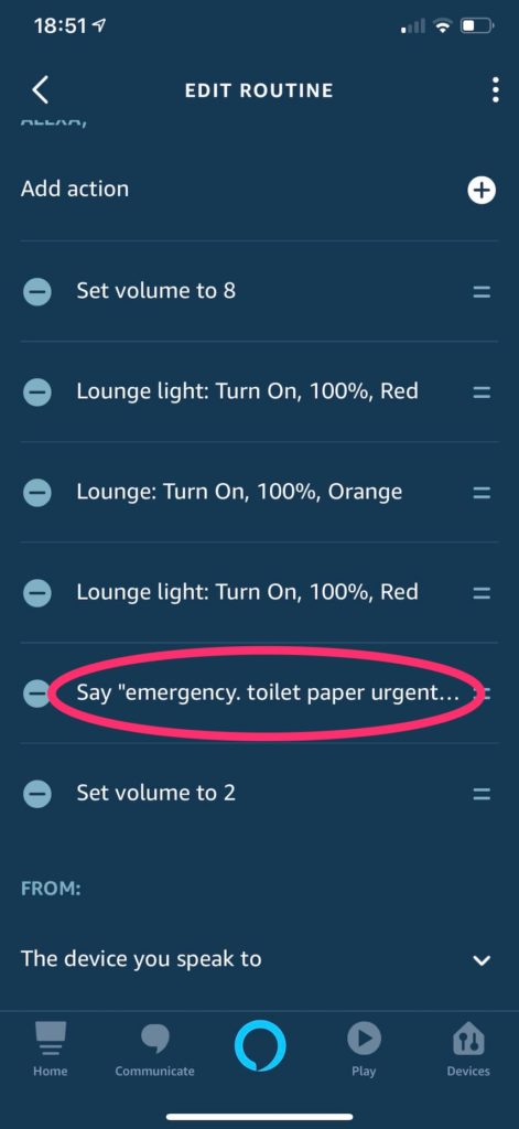 Funny emergency toilet paper Alexa routine