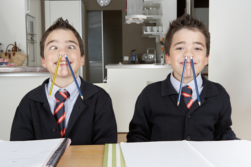 Two twin brothers doing homework and being silly with pencis stuck up their noses