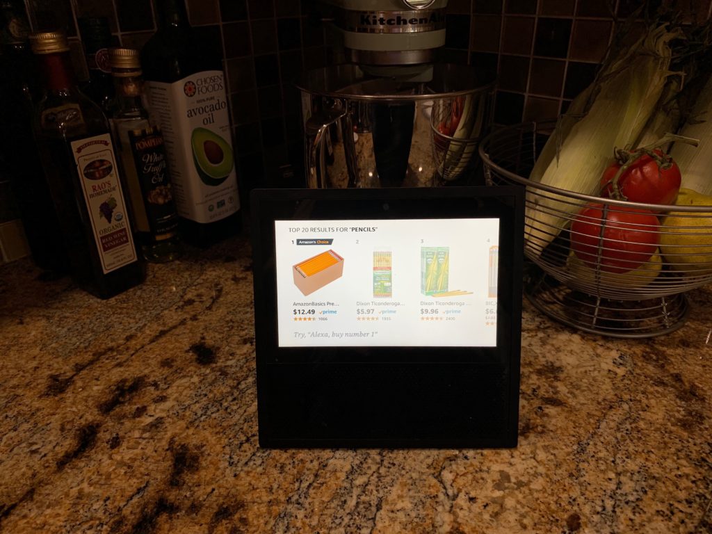 An Echo Show displaying product options for pencils on Amazon