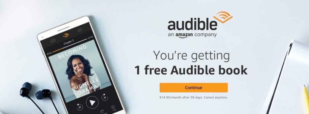 An Audible image with overlayed text "You're getting 1 free Audible book"
