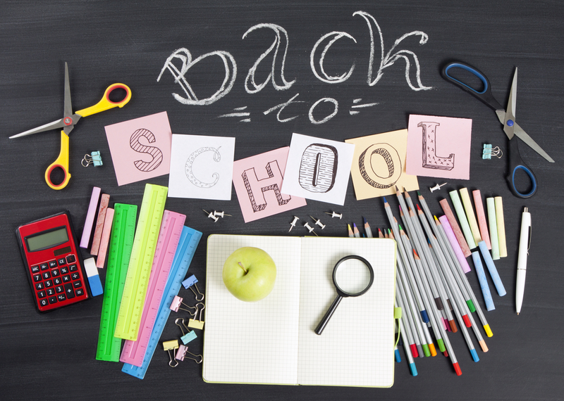 Back-to-school arrangement of school supplies. 